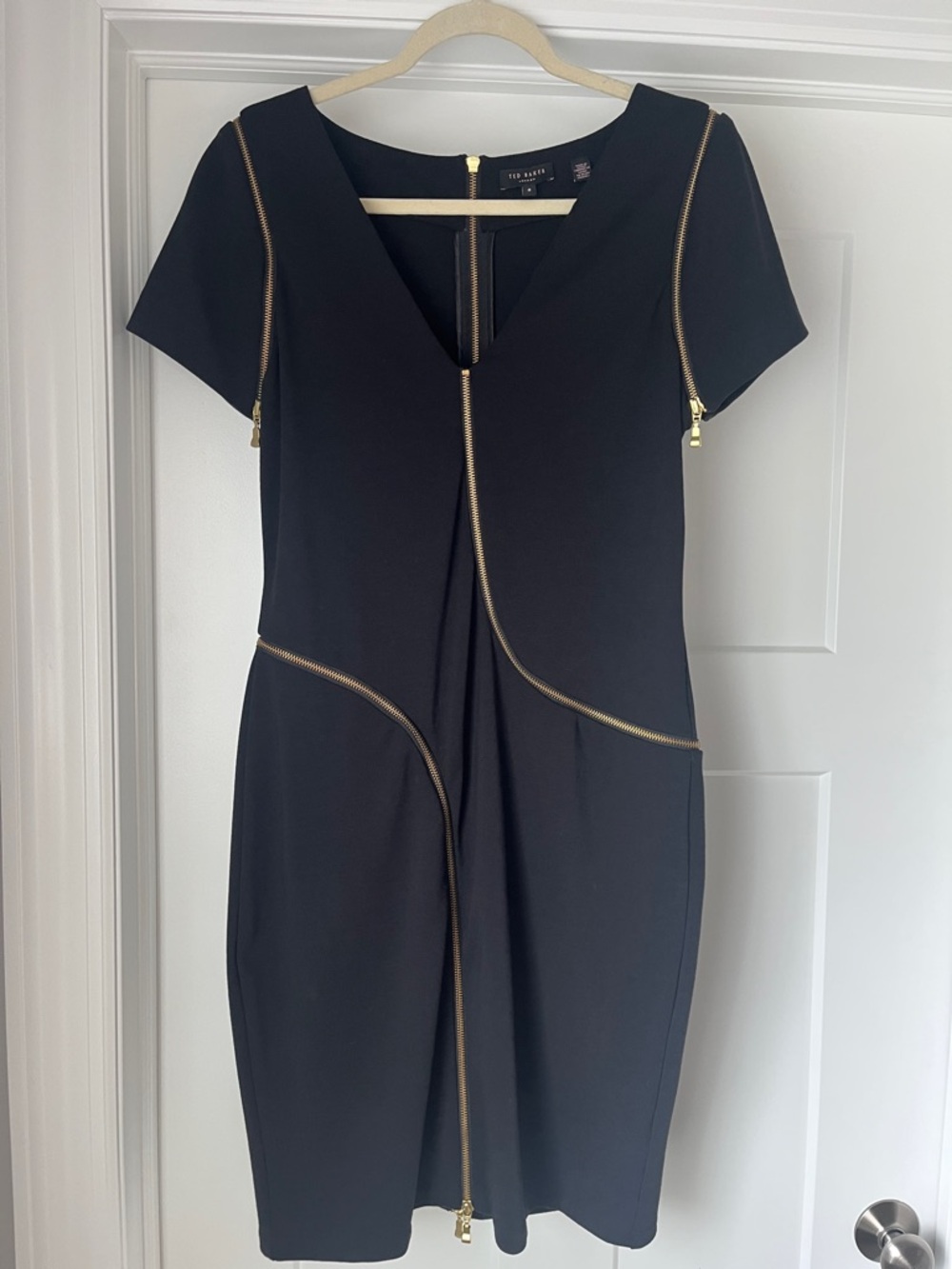 Ted Baker Black Midi Dress with Gold Zip Detailing (size 4 or US 10)